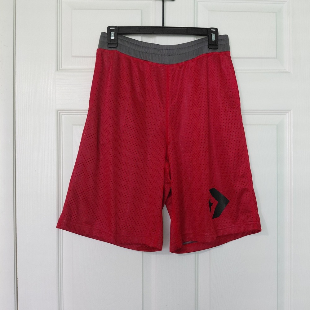 Converse Mens Red Mesh Basketball Shorts Gray Waistband Star Chevron Logo Small